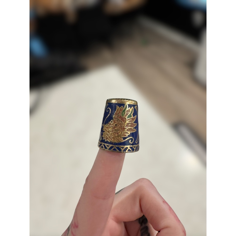 Vintage Cloisonne Asian‎ Enamel Thimble Gold Dragon Calligraphy Blue Sewing Art